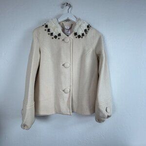 Rebecca Taylor Womens Cream Wool Fur Collar Embellished Tweed Coat Jacket Size 6